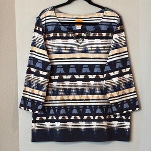 Ruby Rd Geometric Print Top 3X Embellished Notch Neck Blue Tan